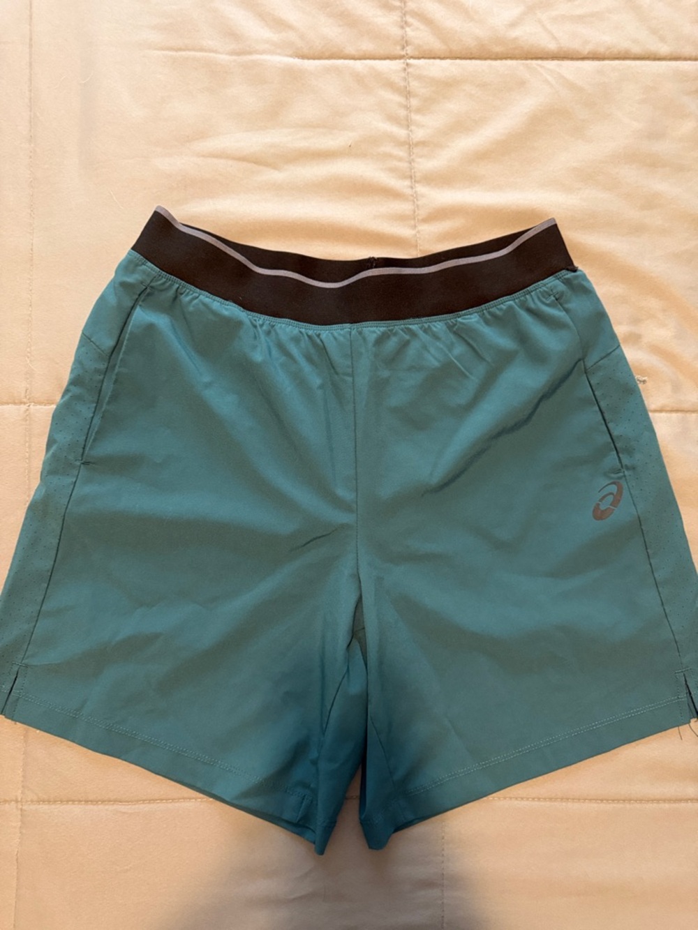Asics Teal Athletic Shorts with Black Waistband and Reflective Logo